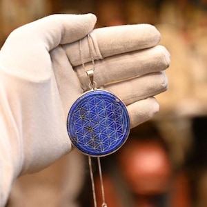 Hexafoil or Flower of life as amulet-Egyptian hand-carved-Real lapis lazuli stone and silver chain Egyptian jewelery/Antiques