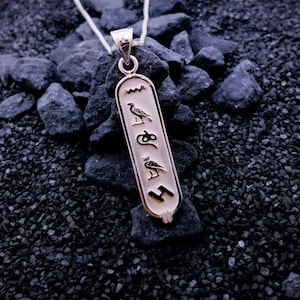 Double sided Cartouche Necklace, Your Names in Ancient Egyptian Hieroglyphic and English Language, Personalised Cartouche Jewelry.