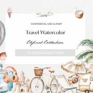 Reisclipart Aquarel Vakantie Zomervakantie Bagage Weg Wereld Vliegtuig Camera Reislust Digitale download Uitnodiging Verf Bon Voyage
