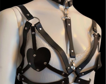 PU Leather Heart Shaped Bra Strap Halter Harness Studs Dominance Rave Nightclub Parades