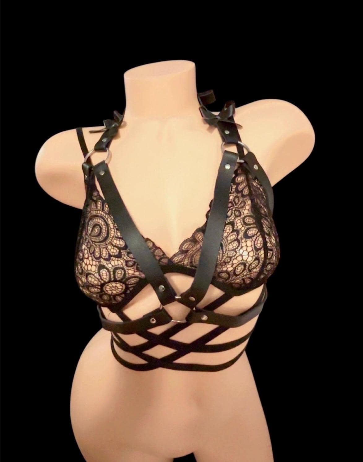 Chest Bra Harness PU Leather Ribbon Details