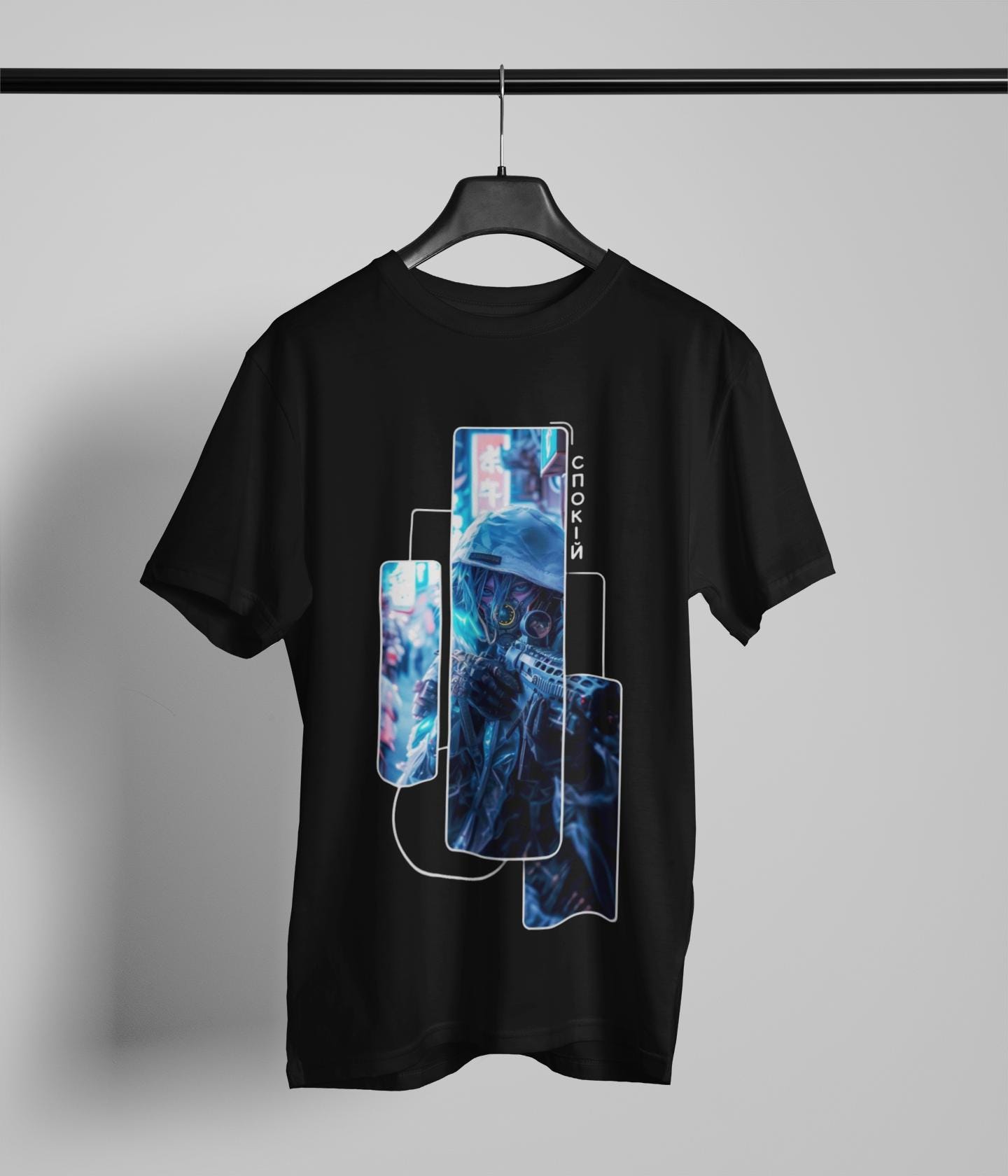 Cyberpunk Anime Streetwear T-Shirt | Neon Blue Hooded Figure Tee | Japanese City Lights Graphic | Unisex Otaku Gift Shirt