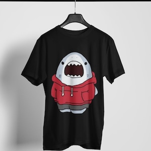 Cute Shark Hoodie T-Shirt, Funny Kawaii Animal Tee, Cartoon Shark Graphic Shirt, Unisex Oversized Streetwear, Adorable Shark Lover Gift