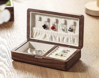 Personalized Walnut Wood Jewelry Box - Custom Engraved Jewelry Case - Solid Wood Jewelry Organizer Birthday Gift for Her