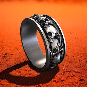 Skull Band Ring, 925 Sterling Silver Gothic Skeleton Ring, Handmade Biker Jewelry, Dark Aesthetic Statement Band, Horror Style Ring