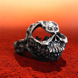 Skull Biker Ring, Gothic Skeleton Band, 925 Sterling Silver Skull Jewelry, Handmade Punk Ring for Men, Heavy Metal Statement Ring