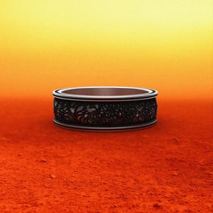 Sterling Silver Floral Engraved Wedding Band, 925 Silver Vintage Pattern Ring, Ornate Blackened Detail Engagement Anniversary Jewelry