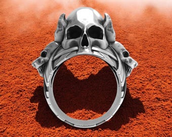 Handmade 925 Silver Skull Ring, Devil Horns, Gothic Biker Jewelry