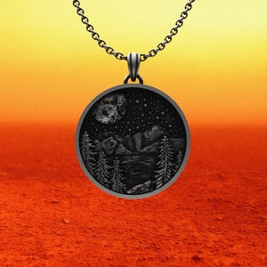 Nature Scene Necklace 925 Sterling Silver Handmade Forest Mountain Pendant for Men Moon Night Landscape Jewelry Outdoors Gift Charm
