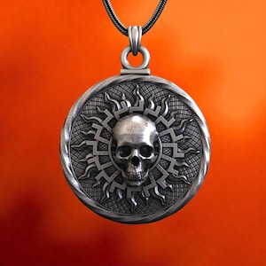 Skull Necklace 925 Sterling Silver Sunburst Pendant for Men – Gothic Handmade Symbolic Jewelry, Unique Edgy Statement Necklace Gift