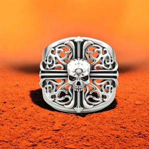 Skull Cross Ring, 925 Sterling Silver Gothic Skull Ring with Cross and Filigree Design, Men’s Biker Statement Ring, Bold Dark Style Gift