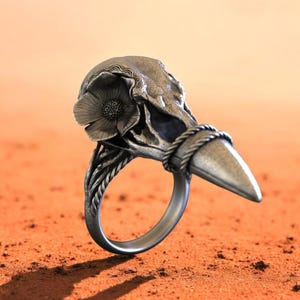 Sterling Silver Raven Skull Ring: Gothic Floral Crow Jewelry