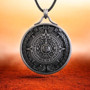 Aztec Calendar Sterling Silver Pendant Necklace - Mayan Sun Stone Jewelry