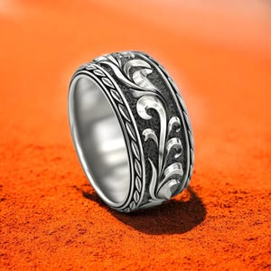Floral scroll ring for men, 925 sterling silver vintage leaf band, engraved botanical pattern ring, antique rustic foliage jewelry