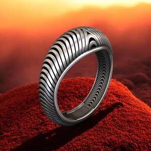 Futuristic Silver Ring, 925 Sterling Silver Mens Ring, Sci Fi Statement Ring, Unique Engraved Silver Band, Modern Geometric Jewelry Gift