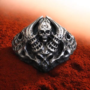 Skull Biker Ring Mens Gothic Jewelry, Silver Statement Ring, Heavy Metal Skull Ring, Rocker Style Band, Punk Skull Ring Gift For Him