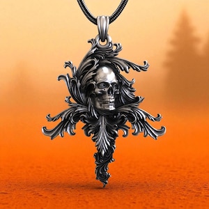 Skull Necklace 925 Sterling Silver Baroque Gothic Pendant for Men, Handmade Dark Jewelry, Unique Macabre Art Gift, Edgy Statement Piece