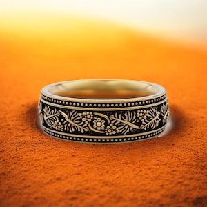 Floral Pattern Ring 925 Sterling Silver, Vintage Inspired Botanical Wedding Band for Women and Men, Nature Themed Silver Ring, Gift Idea
