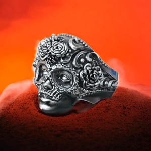 Sugar Skull Ring, 925 Sterling Silver Day of the Dead Jewelry, Floral Skull Ring for Women, Calavera Gothic Ring, Mexican Skull Ring
