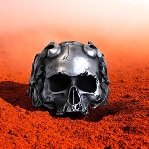 Horned Skull Ring, 925 Sterling Silver Biker Ring, Gothic Devil Skull Jewelry for Men, Demon Head Heavy Metal Statement Ring