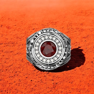 Garnet Statement Ring, 925 Sterling Silver Fleur de Lis Ring, Red Gemstone Ring for Men, Gothic Signet Jewelry, Vintage Medieval Style Ring