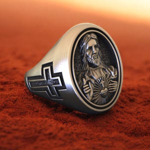 Jesus Sacred Heart Ring, 925 Sterling Silver Christian Ring, Handmade Catholic Jewelry, Religious Statement Ring, Faith Gift, Cross Ring