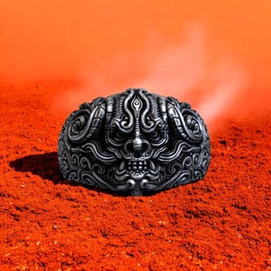 Demon Skull Ring, Handmade Sterling Silver Gothic Biker Ring, Unique Horned Monster Ring, Statement Jewelry for Men, Dark Fantasy Gift