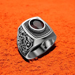 Garnet Signet Ring, 925 Sterling Silver Engraved Ring for Men, Gothic Red Stone Statement Ring, Vintage Medieval Style Jewelry