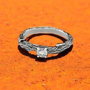 Twig Engagement Ring, 925 Sterling Silver Nature-Inspired Ring with Simulated Diamond, Rustic Boho Bridal Jewelry, Handmade Forest Band