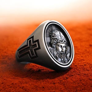 Anillo de Jesús en plata de ley 925, sello de corona de espinas, joyería cristiana para hombre, anillo con cruz religiosa grabada, regalo cristiano hecho a mano.