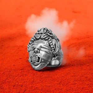 Gothic Blindfolded Head Ring: 925 Sterling Silver Dollar Muzzle