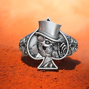 Skull Ace Ring: Sterling Silver Skeleton Top Hat, Gothic Biker Jewelry
