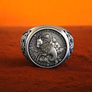 Capricorn Zodiac Ring: Sea Goat, 925 Sterling Silver Astrology Jewelry