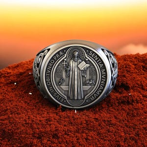 St Benedict Medal Ring 925 Sterling Silver, Religious Protection Ring For Men, Christian Cross Jewelry, Benedictine Blessing Ring