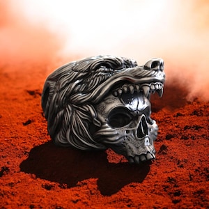 Sterling Silver Werewolf Skull Ring: Gothic Biker Jewelry