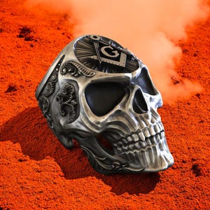 Sterling Silver Masonic Skull Ring: Gothic Biker Jewelry