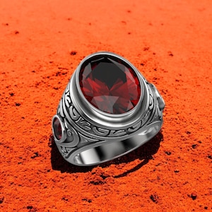 Garnet Statement Ring: Sterling Silver Gothic Ring for Men