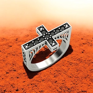Gothic Black Stone Cross Ring: 925 Sterling Silver Religious Jewelry