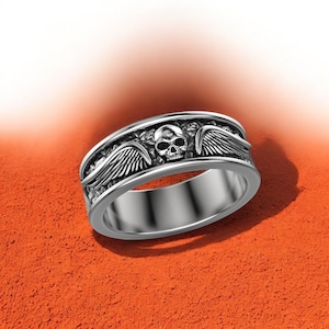 Winged Skull Ring, 925 Sterling Silver Gothic Biker Band, Angel Wings and Skull Design, Bold Men’s Ring, Dark Symbolic Jewelry Gift