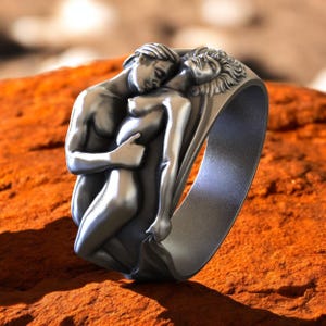 925 Sterling Silver Romantic Lovers Ring – Handmade Artistic Couple Band – Unique Silver Anniversary Gift for Him and Her