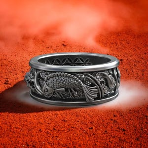 Dragon and Koi Fish Ring, 925 Sterling Silver Men&#39;s Band, Asian Style Carved Jewelry, Gothic Animal Ring, Fantasy Gift for Him