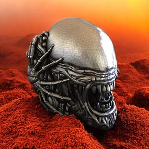 Alien Skull Sterling Silver Ring: Sci-Fi Biker Gothic Jewelry