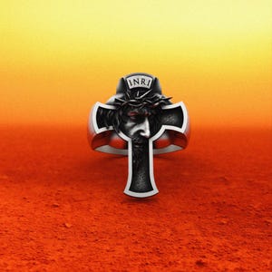 Anillo de crucifijo de Jesús, joyería de cruz INRI de plata de ley 925, rostro de Jesús detallado con corona de espinas para hombre, regalo de fe cristiana