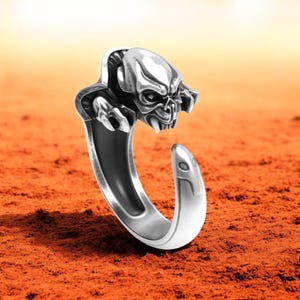925 Sterling Silver Demon Skull Ring, Gothic Monster Adjustable Ring, Unique Biker Jewelry, Horror Inspired Ring, Punk Statement Ring