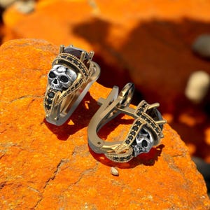 Skull Hoop Earrings, 925 Sterling Silver and Gold Gothic Skull Earrings for Men, Black Stone Punk Style Jewelry, Biker Gift Idea