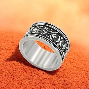 Floral Scroll Band Ring, 925 Sterling Silver Ornate Pattern Ring for Men, Vintage Engraved Wide Band, Antique Style Boho Statement Jewelry