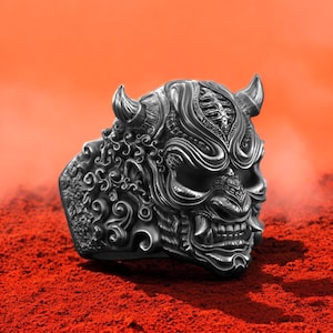 Oni Demon Ring, 925 Sterling Silver Gothic Biker Jewelry, Japanese Samurai Mask Ring, Warrior Oni Face Ring, Mythical Devil Jewelry