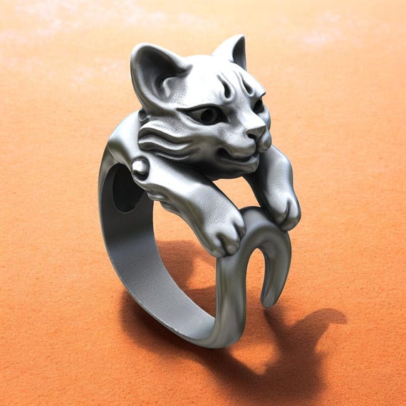 Sterling Silver Cat Ring: Adjustable Kitten Wrap, Handmade Jewelry