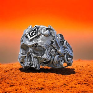 Masonic Skull Ring: Handcrafted Sterling Silver Freemason Jewelry