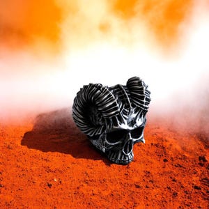 Demon Skull Ring 925 Sterling Silver, Ram Horn Skull Ring, Gothic Biker Jewelry, Handmade Silver Skull Ring, Heavy Metal Ring